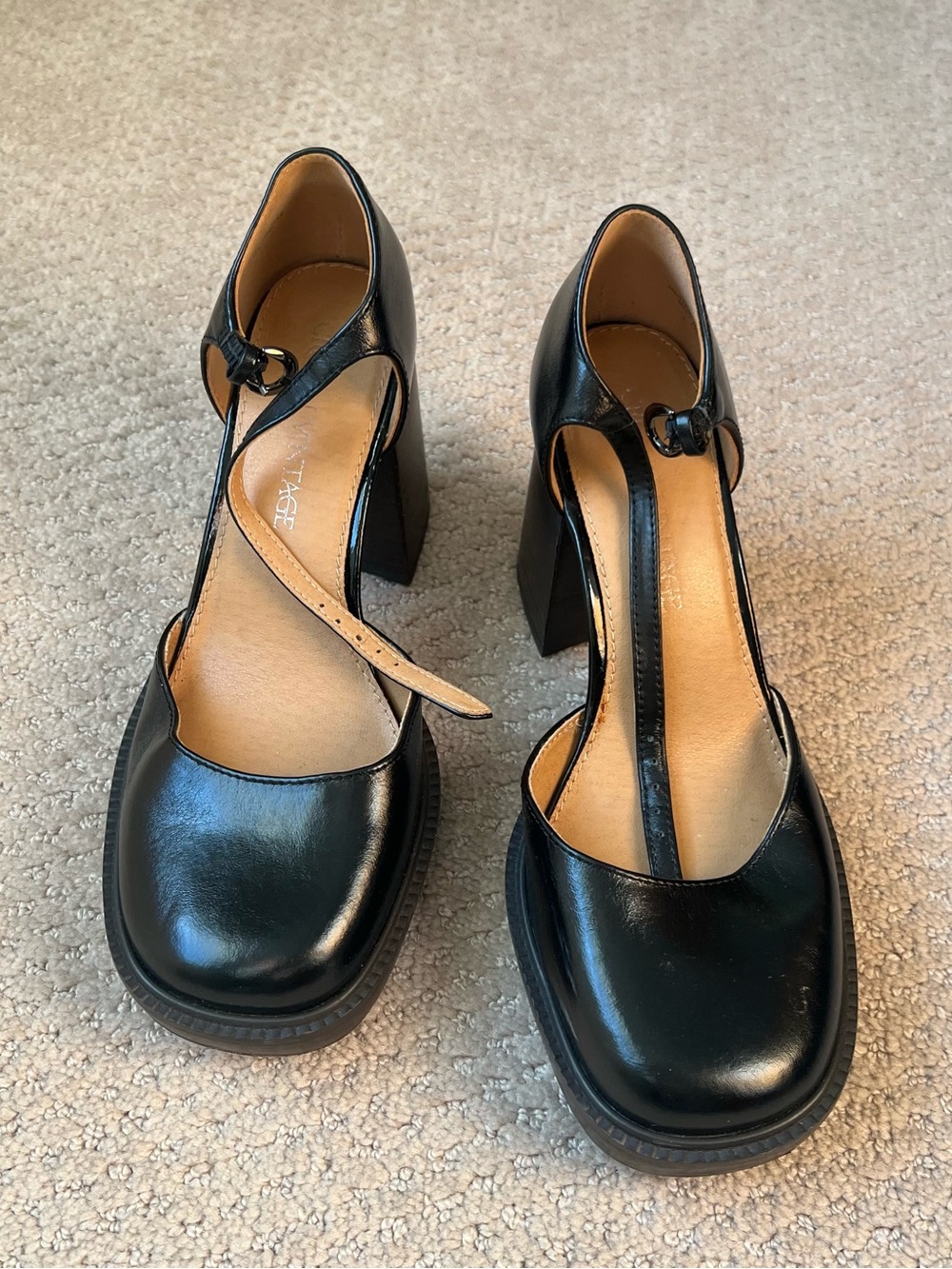 Crown Vintage Black T-Strap Block Heel Mary Janes